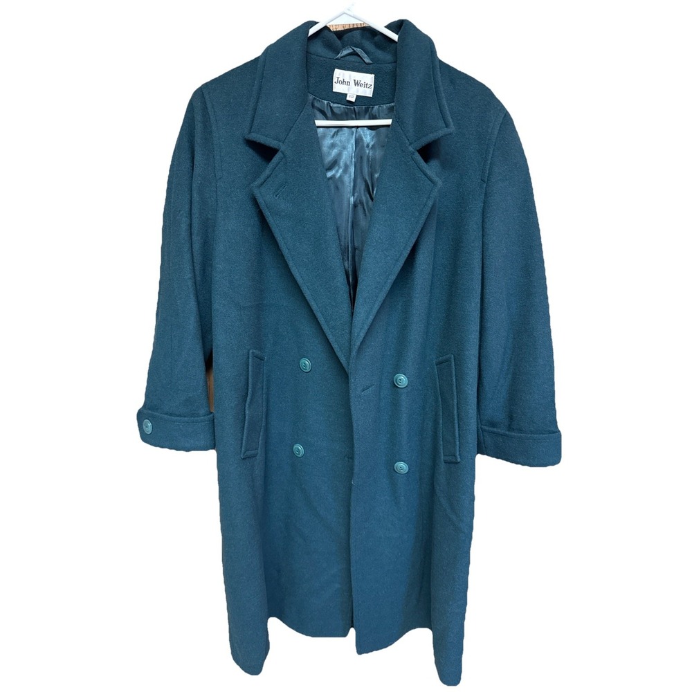 VTG John Weitz Green Double Breasted Wool Overcoat Lined Size 12 P W/ Scarf LNWT